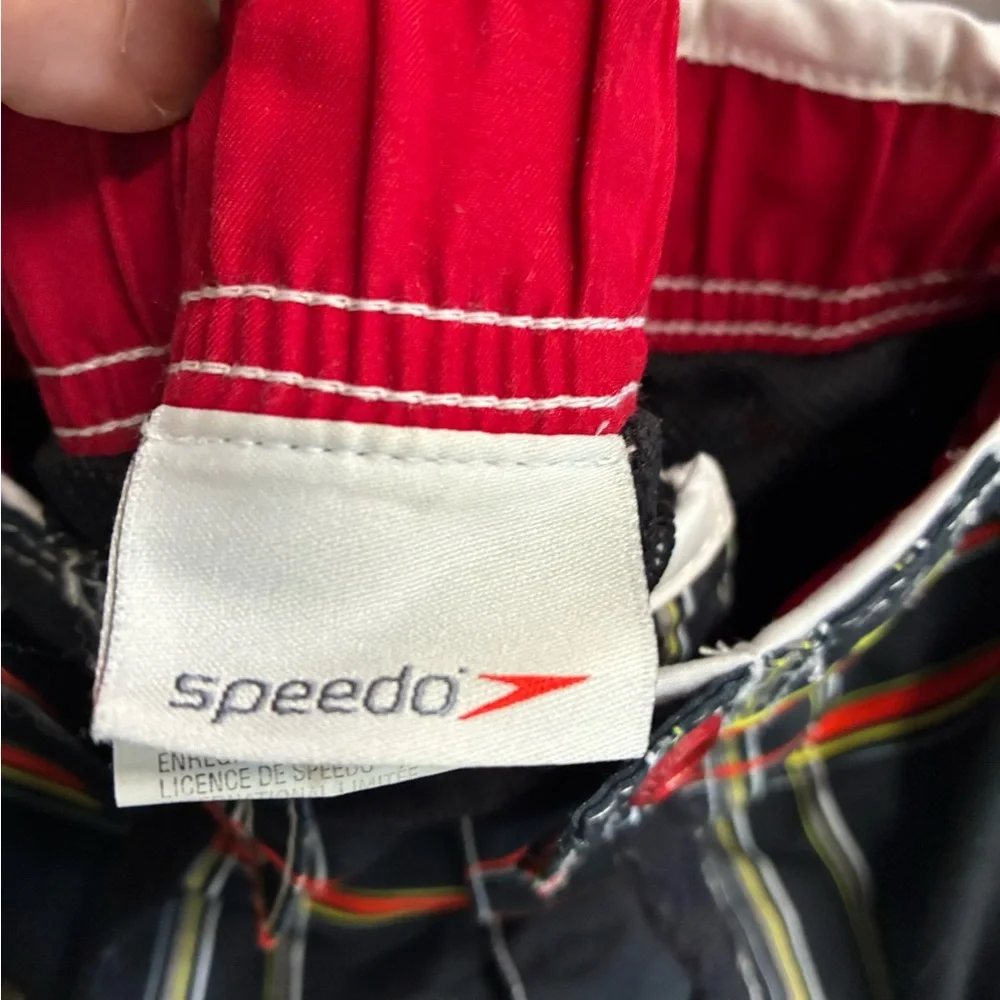 SPEEDO Men’s Large Swim Trunks Board Shorts Blue Red Yellow Plaid Pockets‎